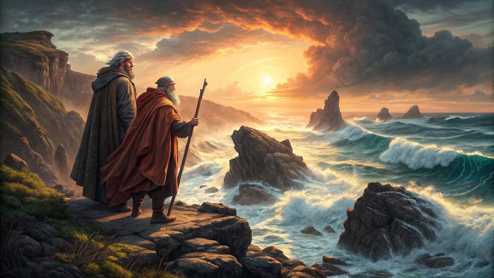 Shaman and Philosopher Admire Stormy Ocean Sunset