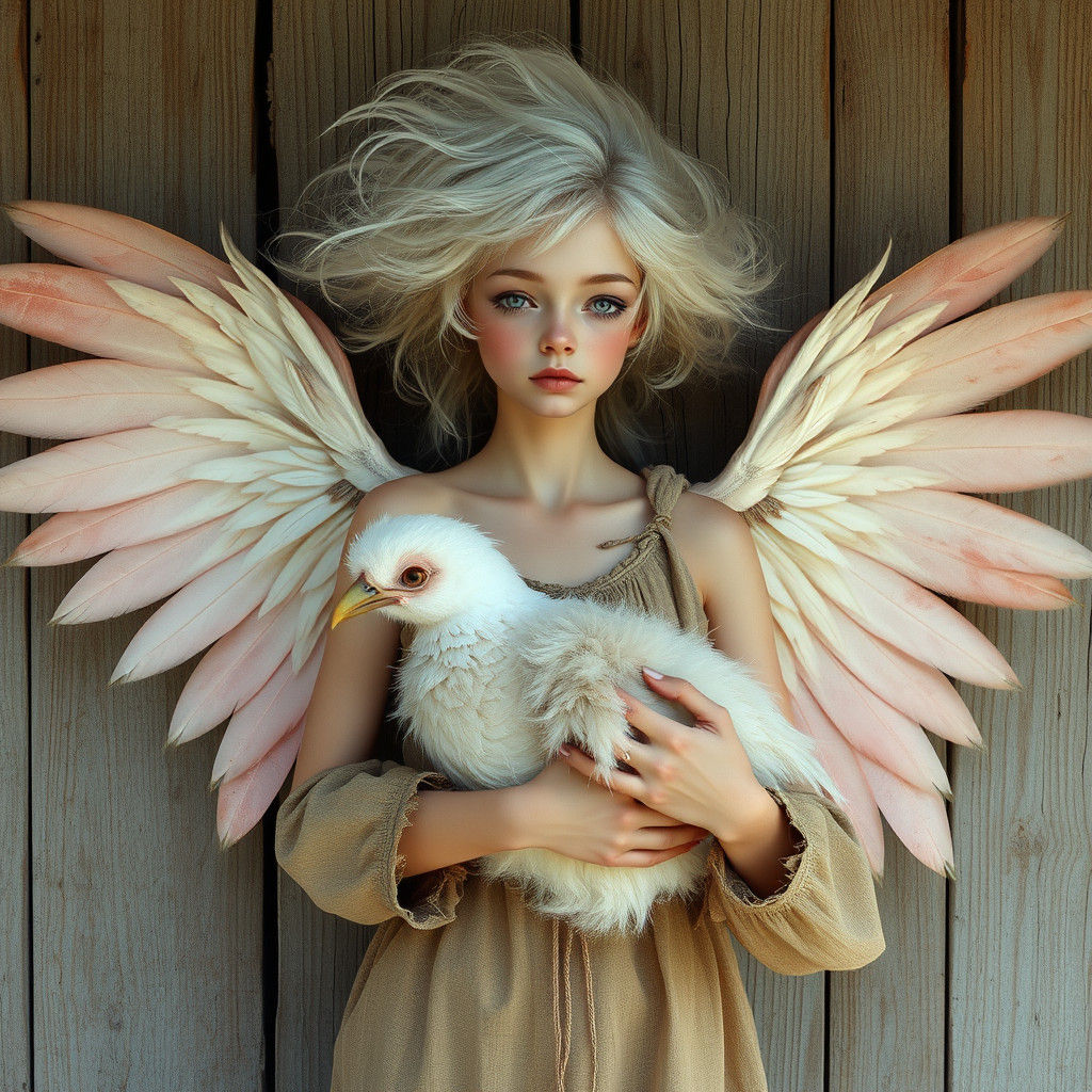 Ethereal Woman with Wings and Bird, Impressionistic Style