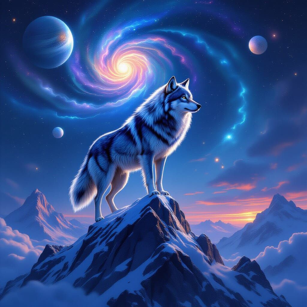 Majestic Wolf Adorned With Celestial Patterns on Crystal Pea...