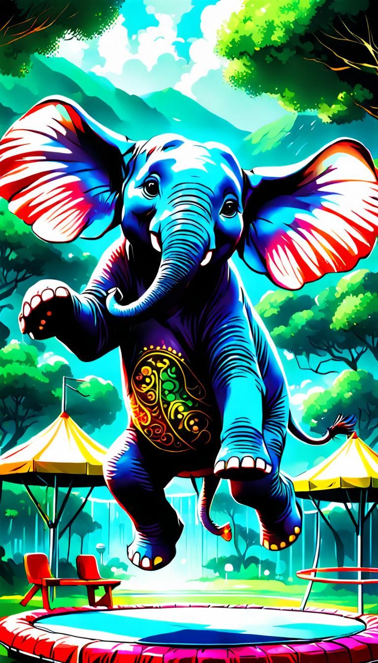 Happy Elephant Jumping: Manga Style Illustration