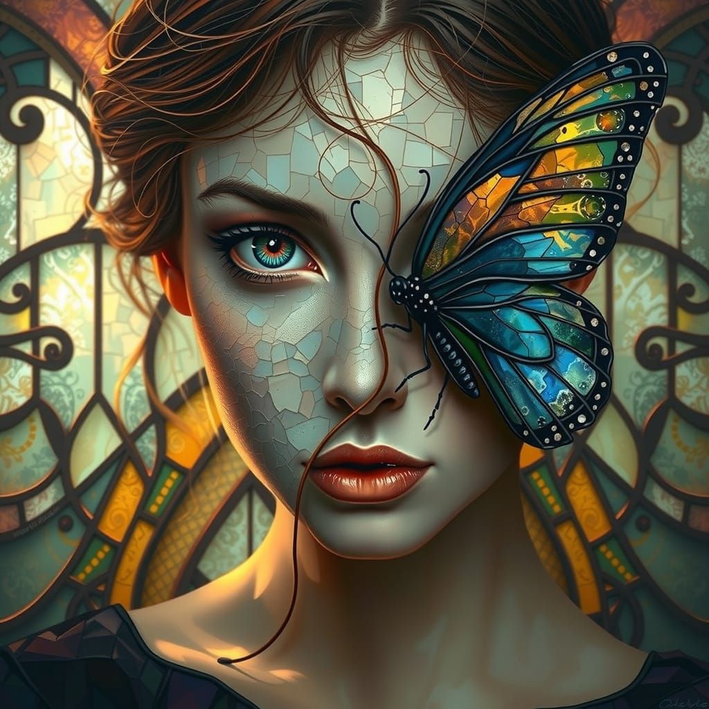 Surreal Stained Glass Portrait of Woman Half Human Half Butt...