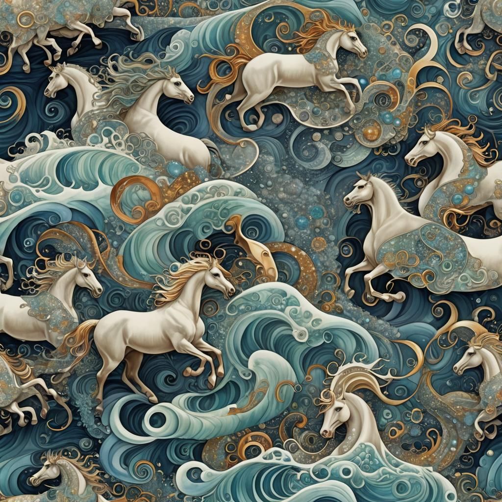 Neptune's Horses in Iridescent Art Nouveau Style