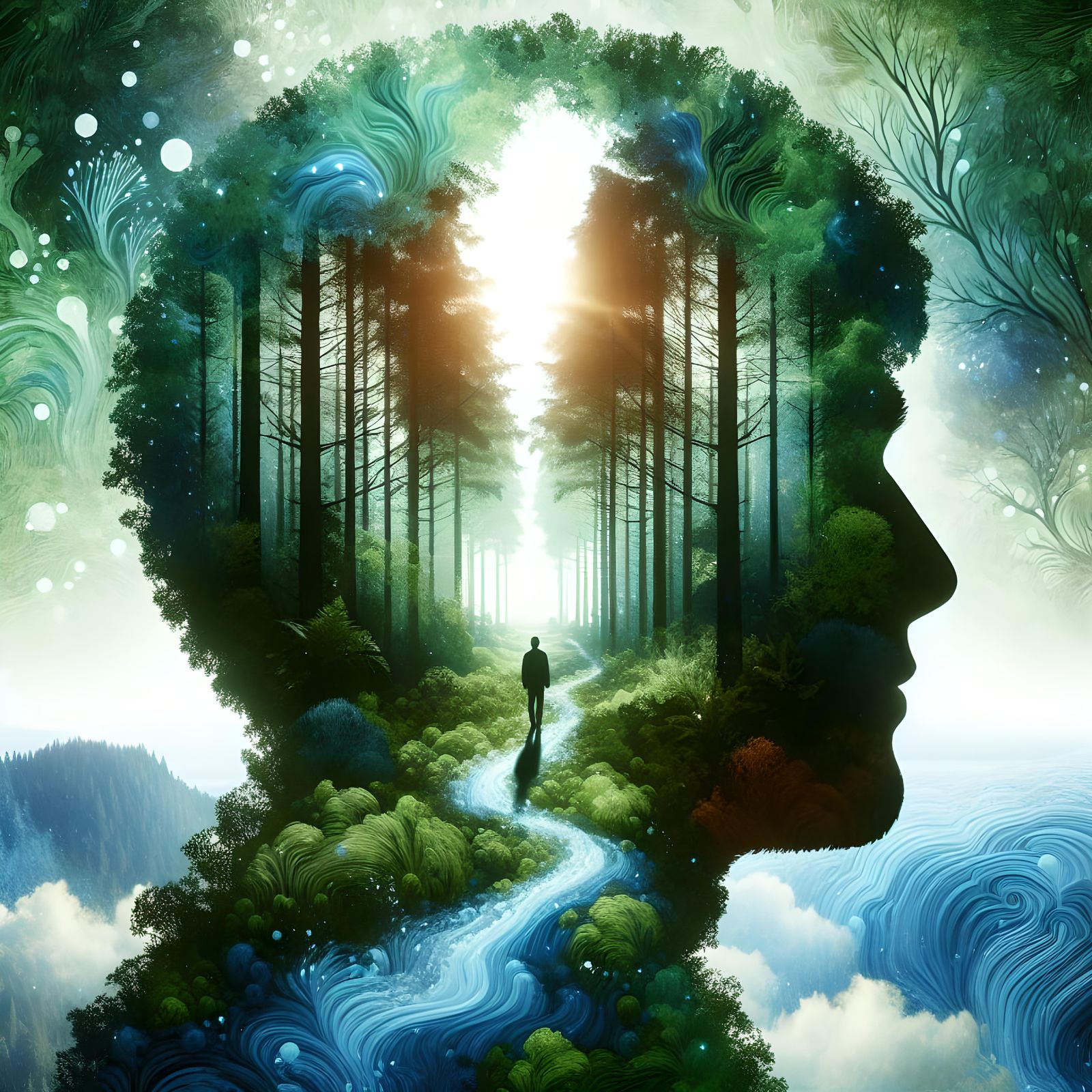 Dreamlike Forest Silhouette in Double Exposure