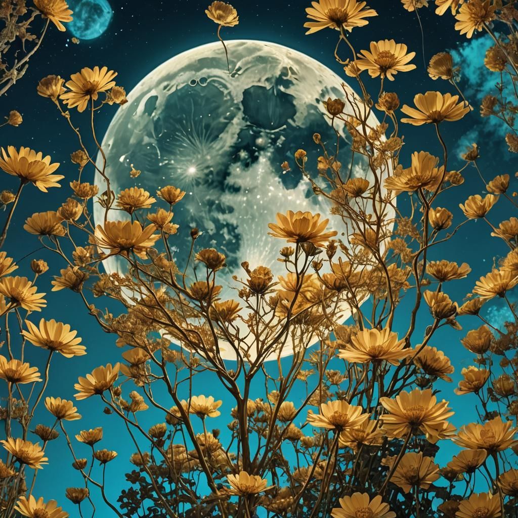 Luminous Moon Over Cyan Flowers: Double Exposure