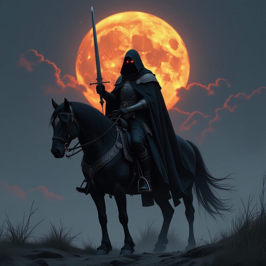Nazgul King with Excalibur on Horse in Surreal Style