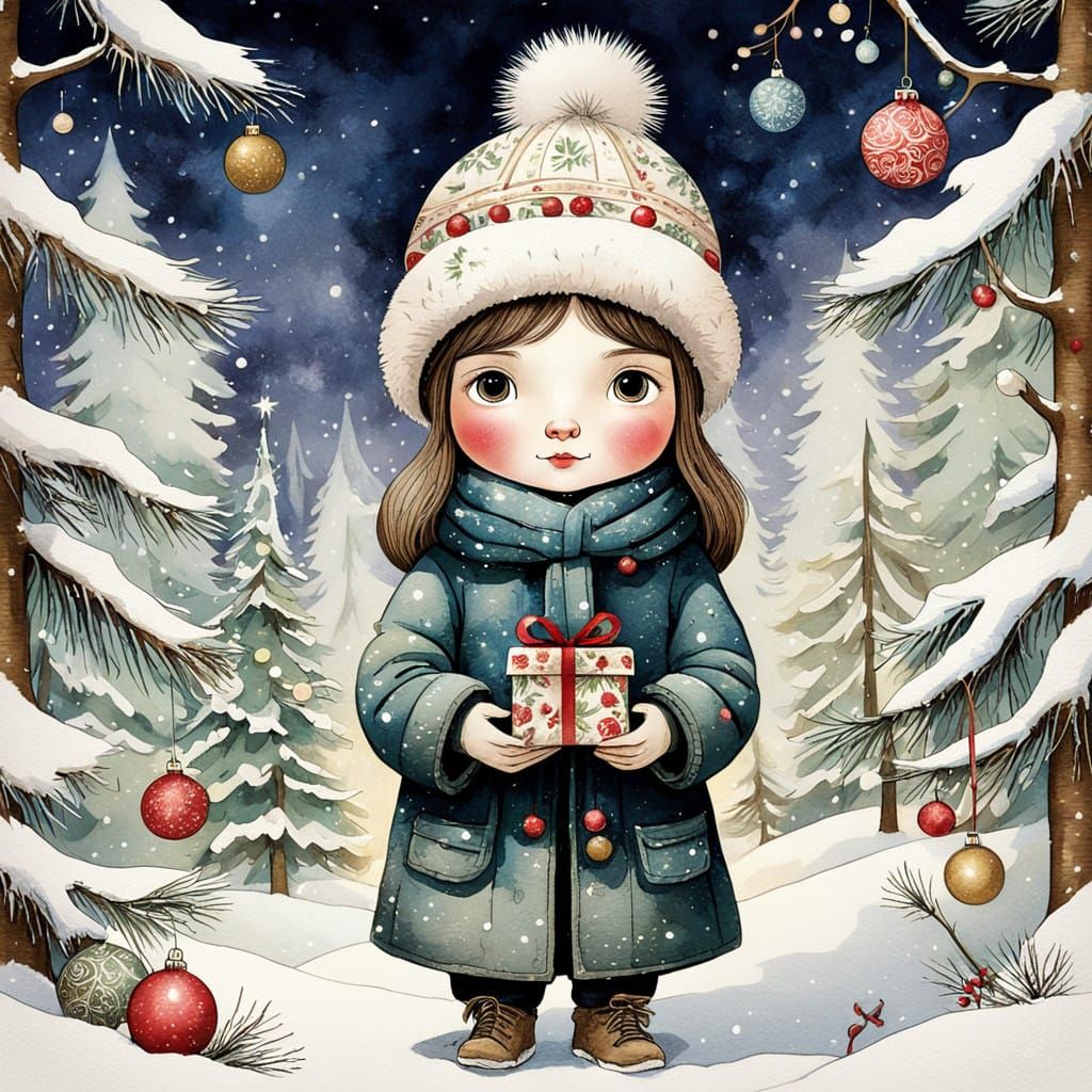 Angel in Winter Wonderland, Whimsical Watercolor Collage
