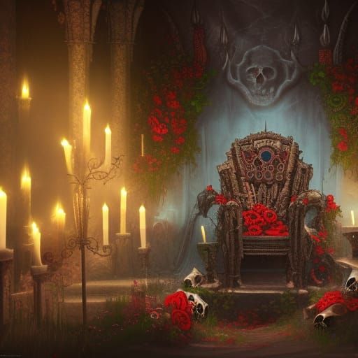 Macabre Throne of Skulls, Blood, and Flowers