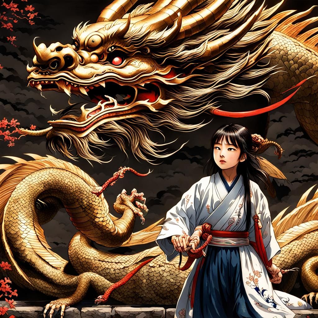 Japanese Dragon Protecting a Young Girl