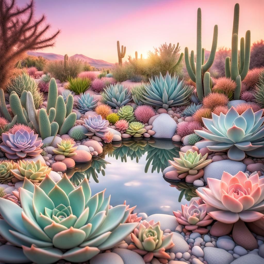 Pastel Succulent Garden with Pond in HDR