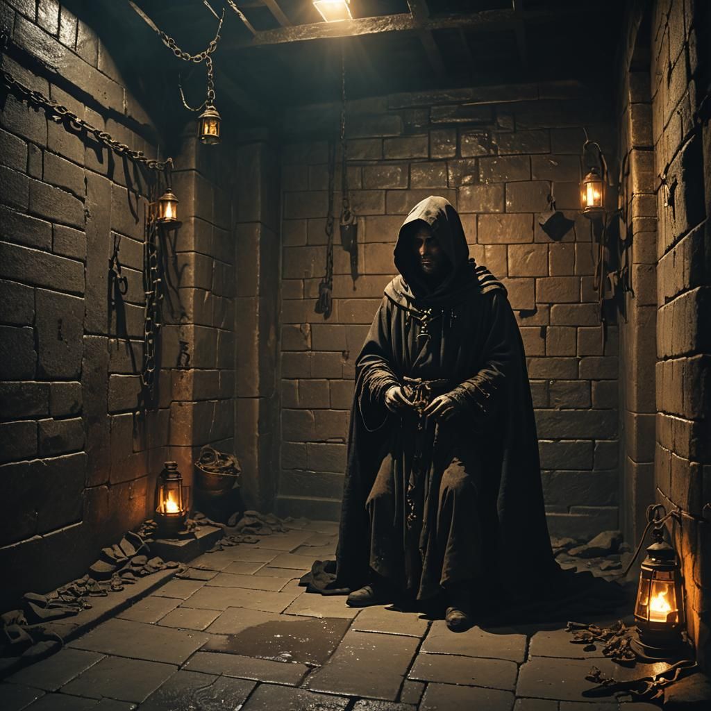 Dark Fantasy Dungeon Scene with Hooded Figure