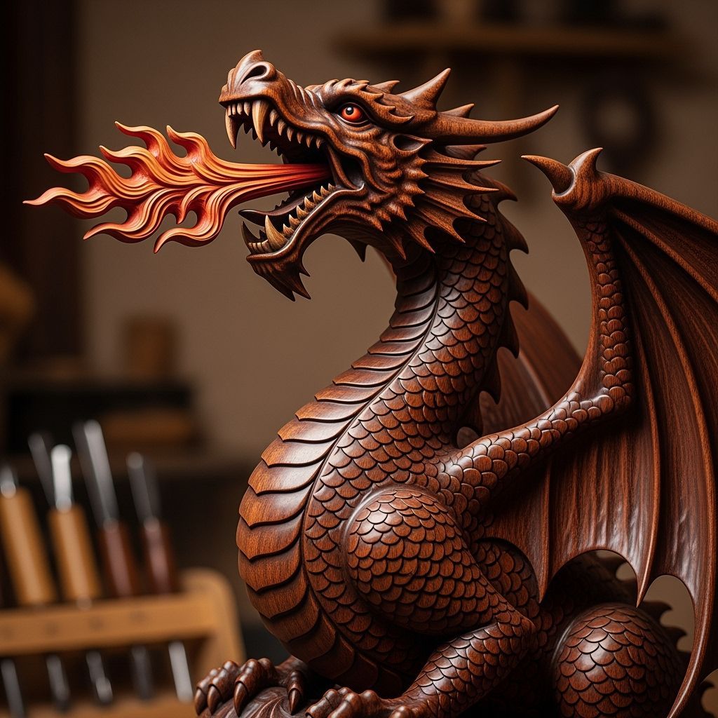 Intricate Wood Carving of a Fierce Fire-Breathing Dragon