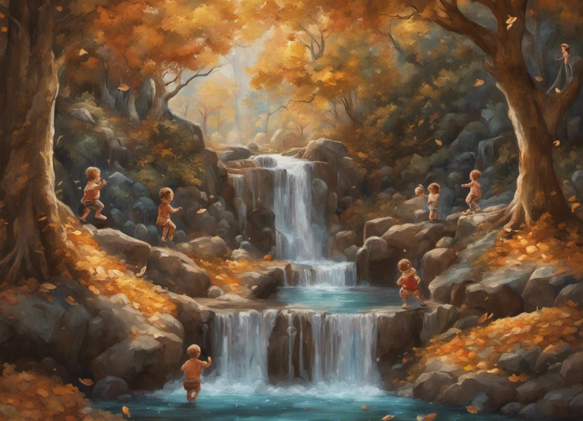 Magical Waterfall Garden with Golden Autumn Trees