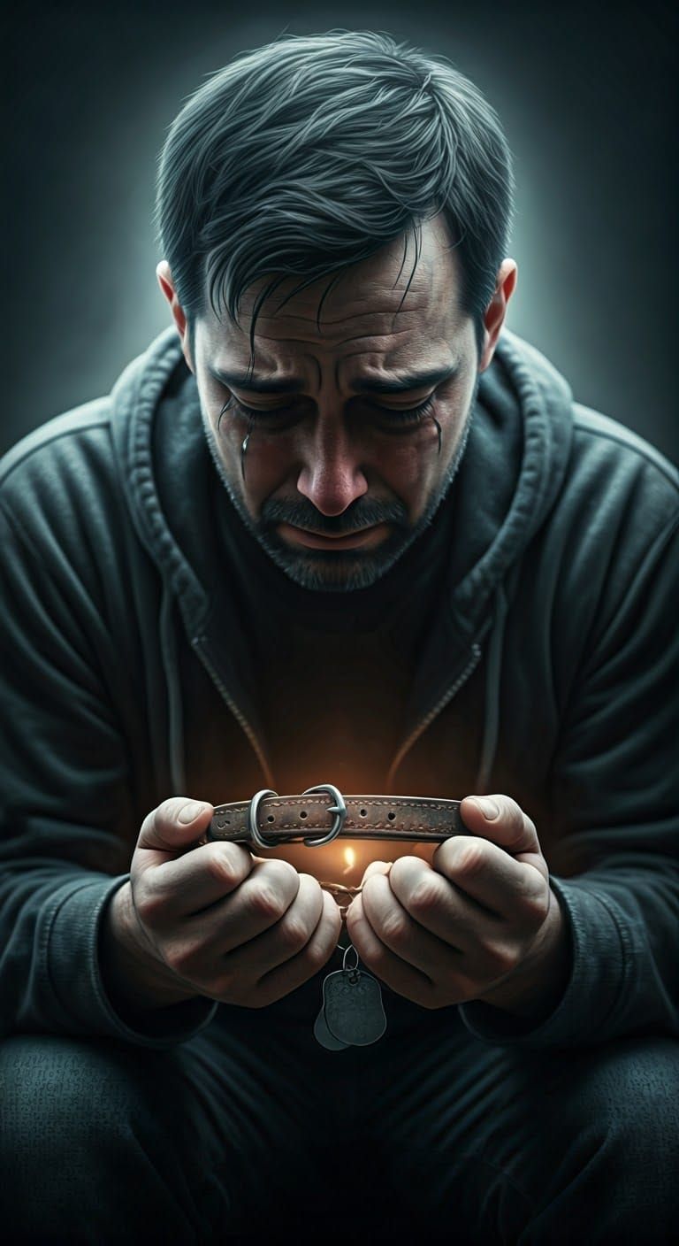 Grief-Stricken Man Clutches Empty Dog Collar in Twilight