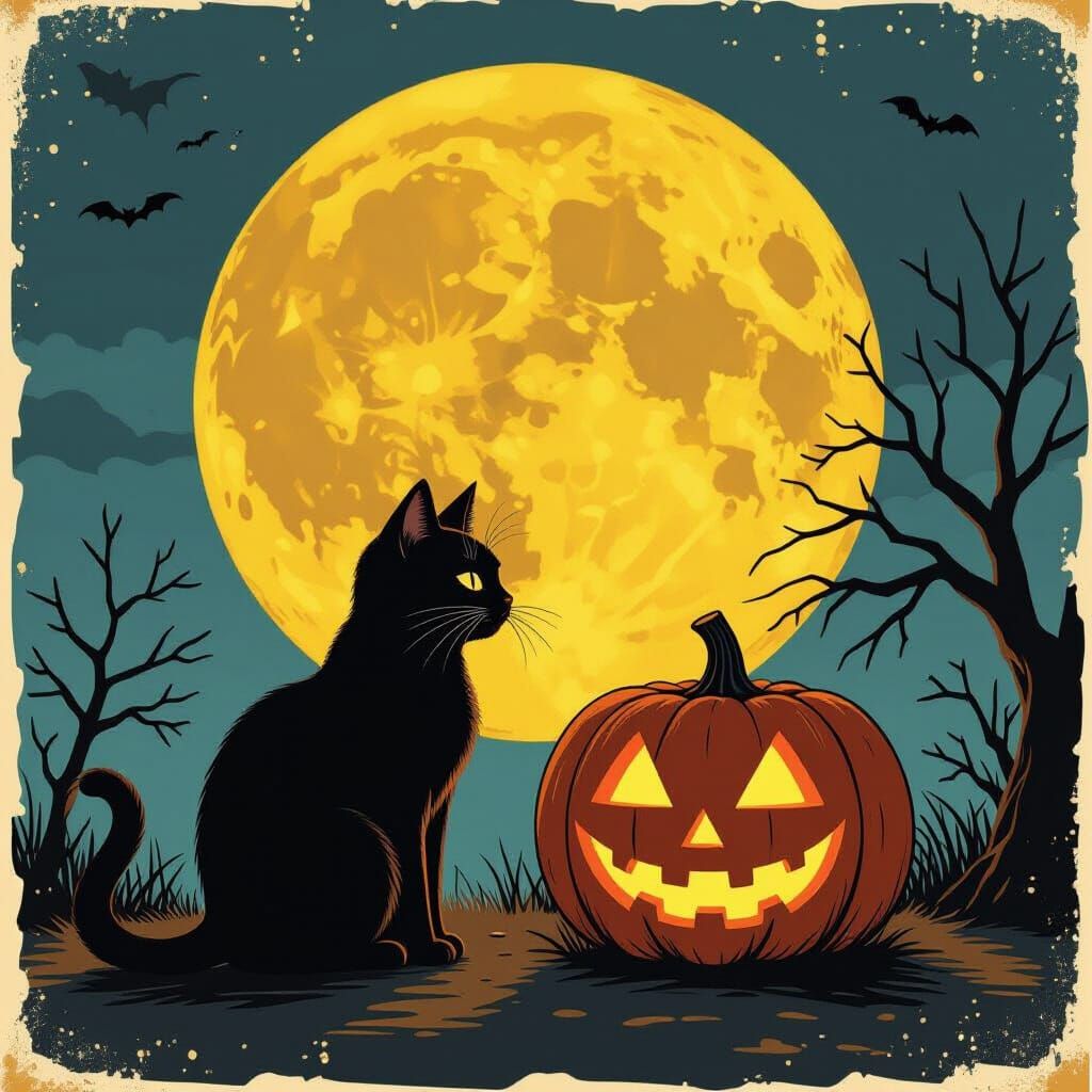 Black Cat Halloween Scene Under Full Moon in Grungy Retro St...