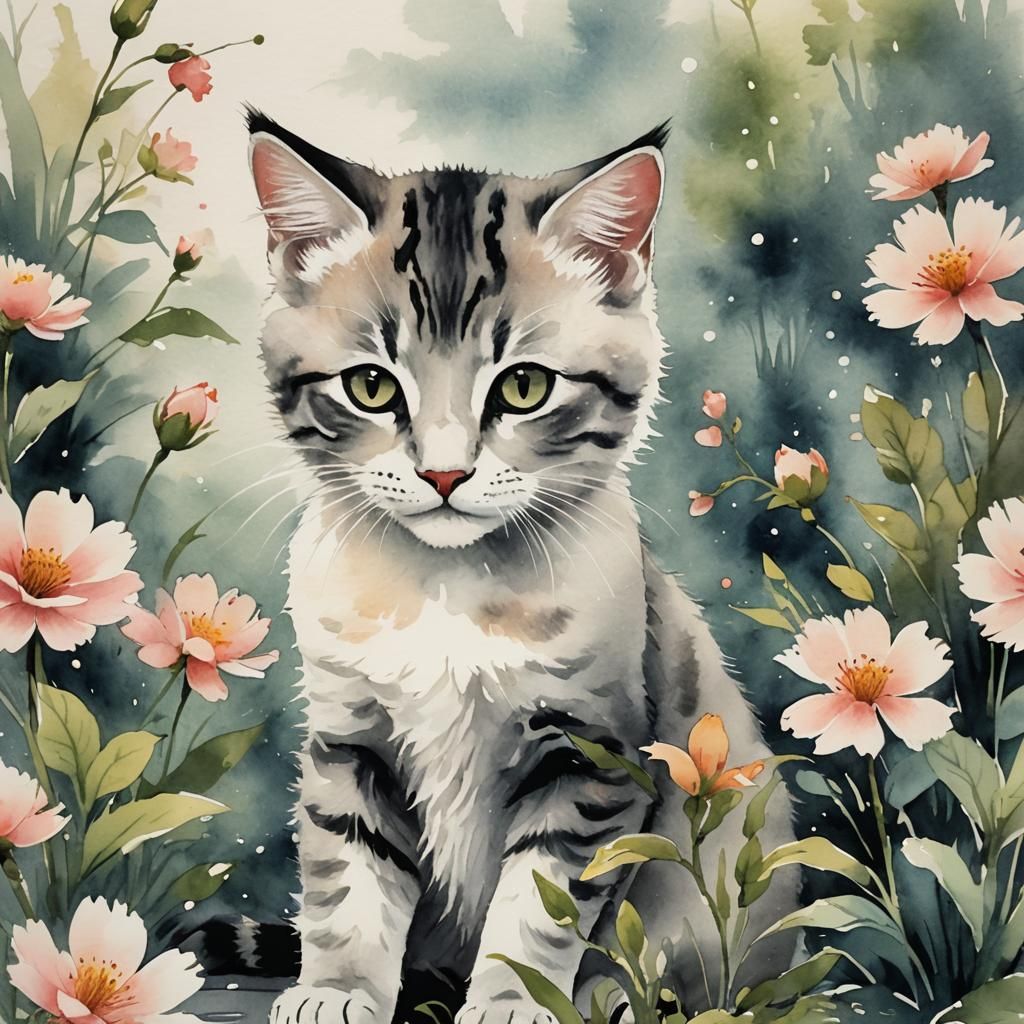 Harmonious Kitten and Flower in Chinese Ink Art