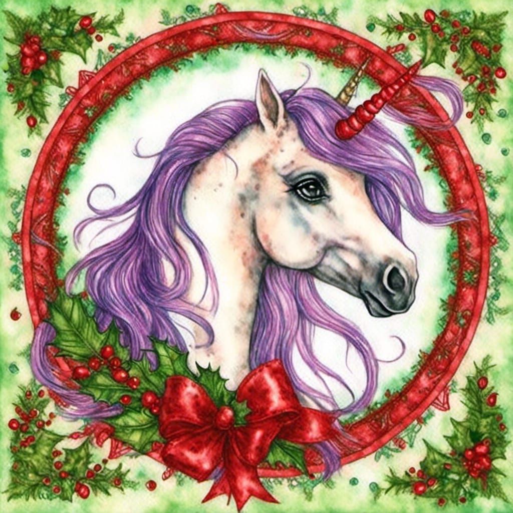 Christmas Unicorn in Watercolor Fantasy Style
