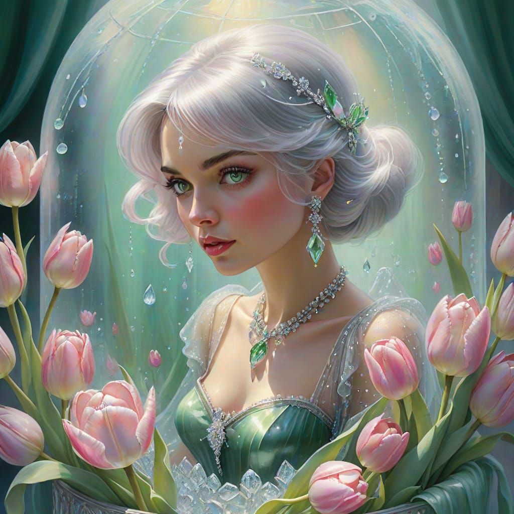 Ethereal Fantasy Scene with Pink Tulips and Girl in Luxuriou...