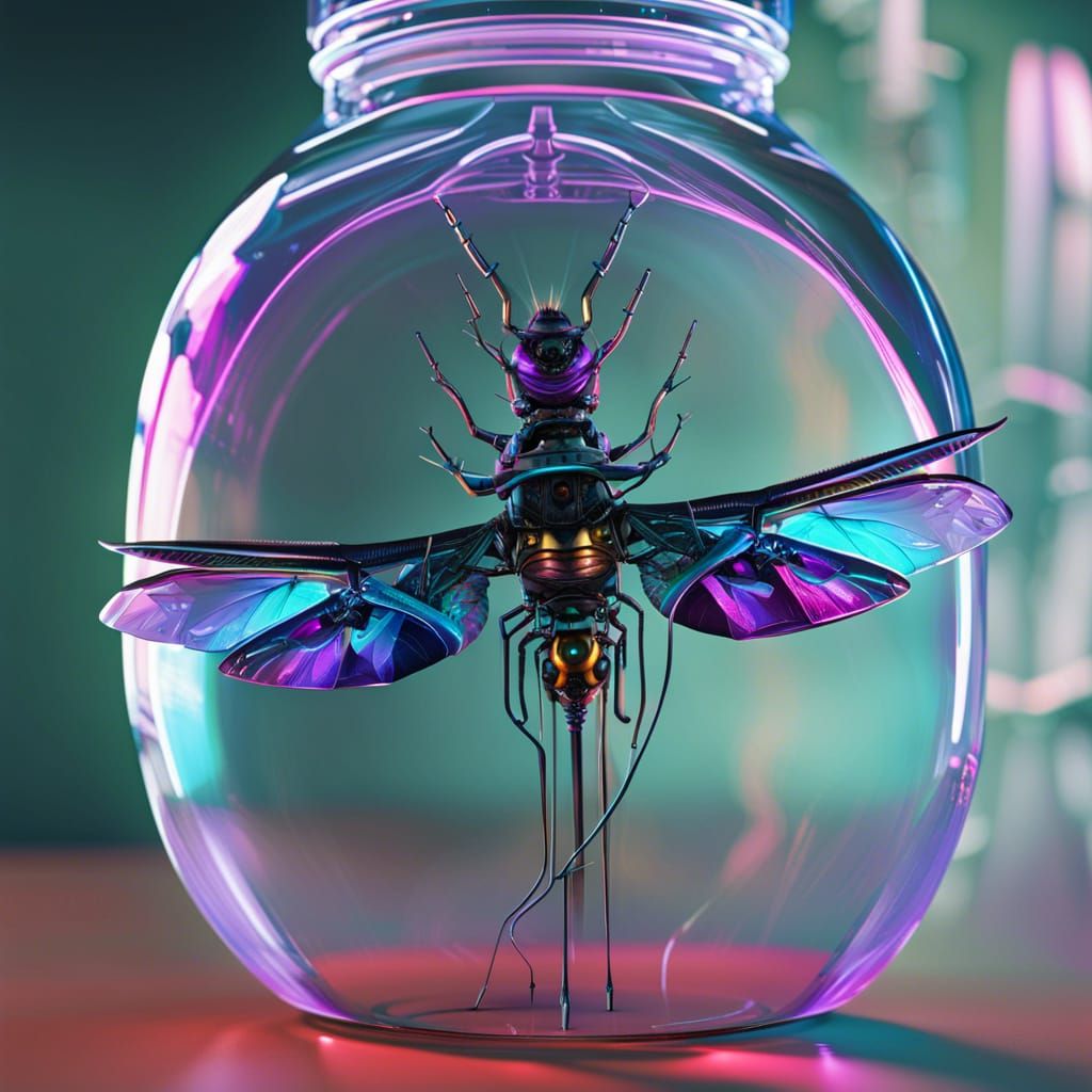 Cyberpunk Dragonfly in Jar: Synthwave Laboratory Art
