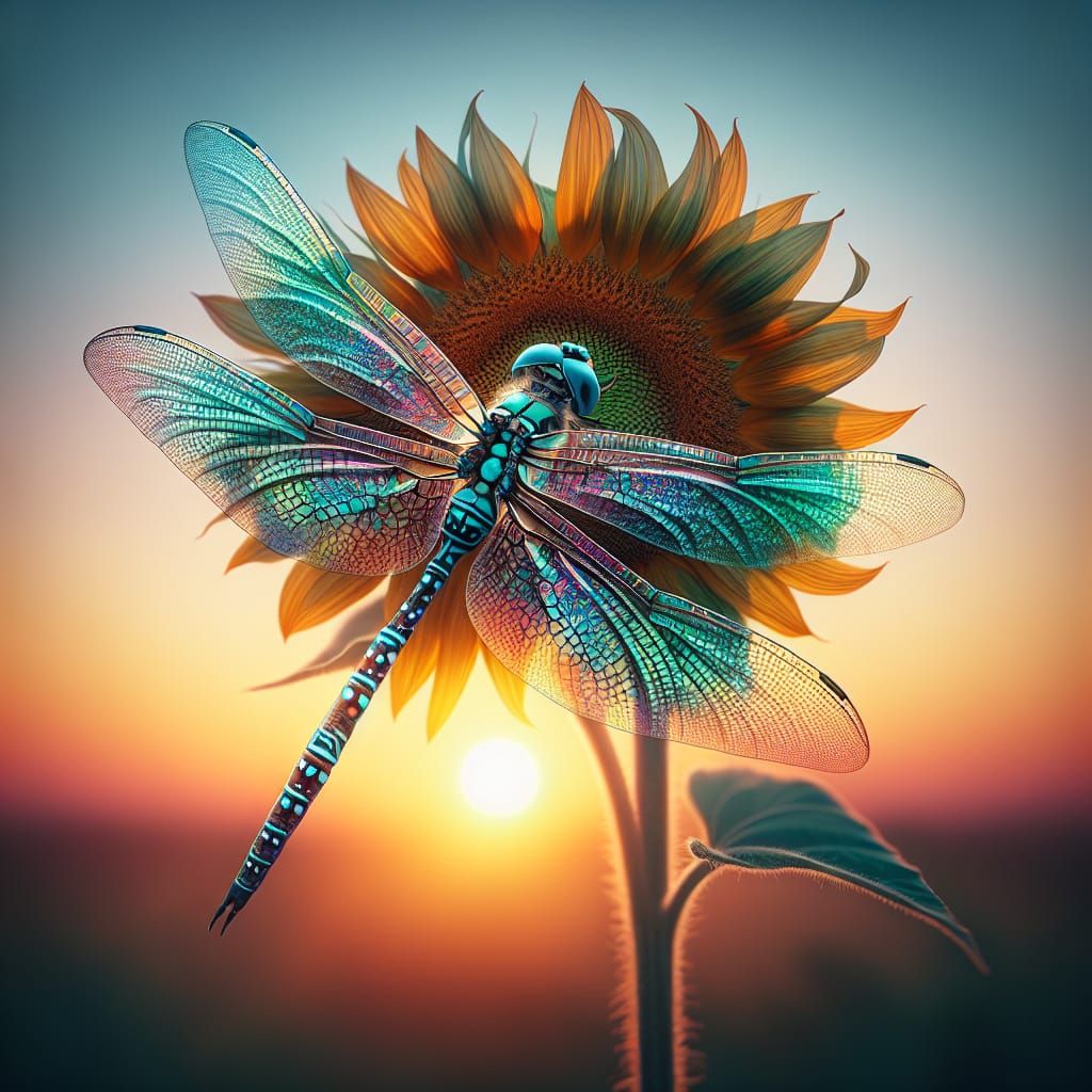 Dragonfly on Sunflower with Iridescent Wings