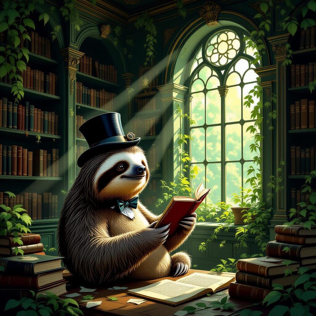 Whimsical Sloth Explorer in Overgrown Victorian Library