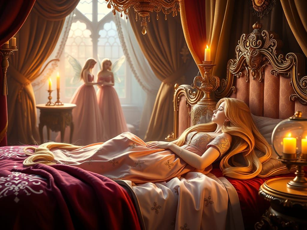 Golden Goddess of Slumber in a Whimsical Fairy Tale Setting