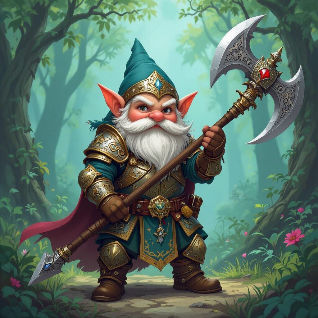 Noble Gnome Paladin with Halberd in Mystical Forest