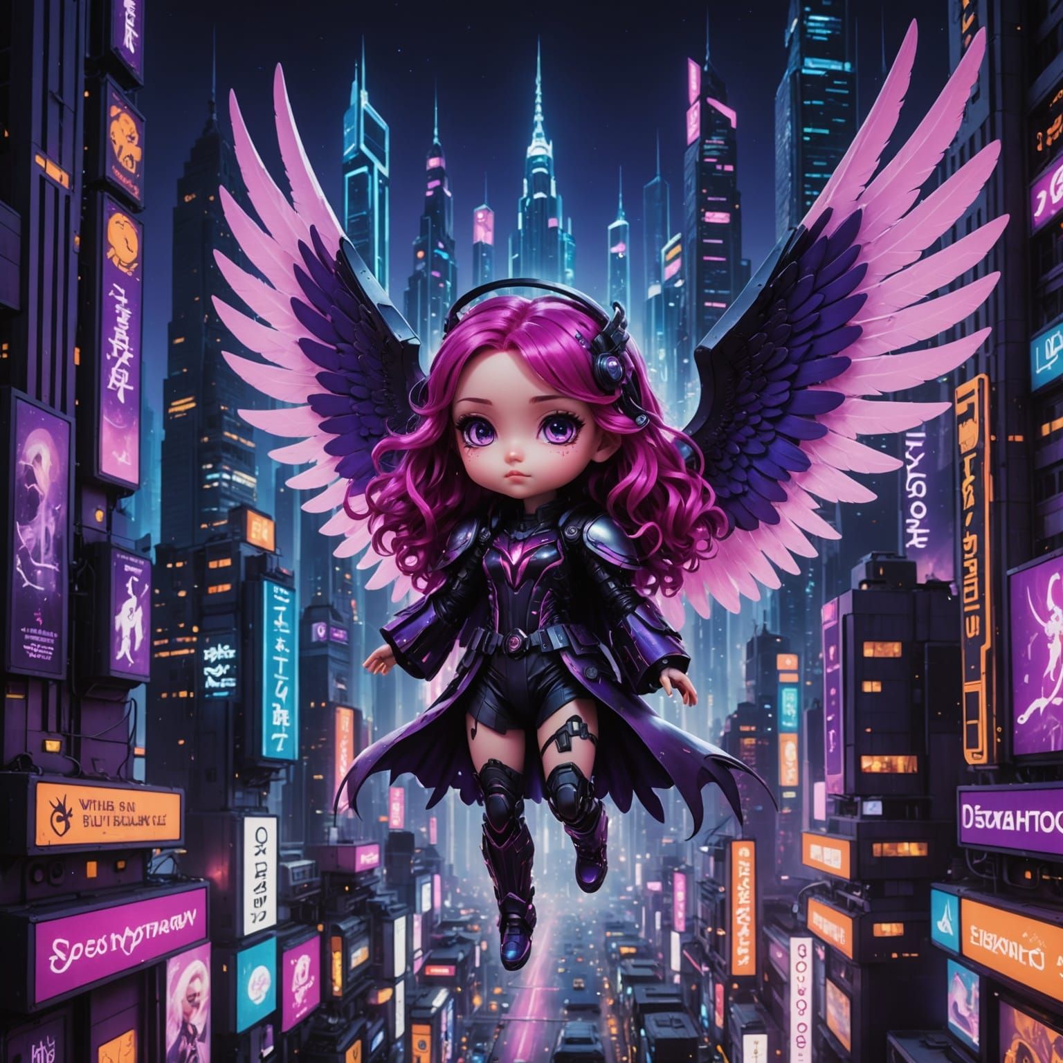 Chibi Angel Descends into Futuristic Gothic City