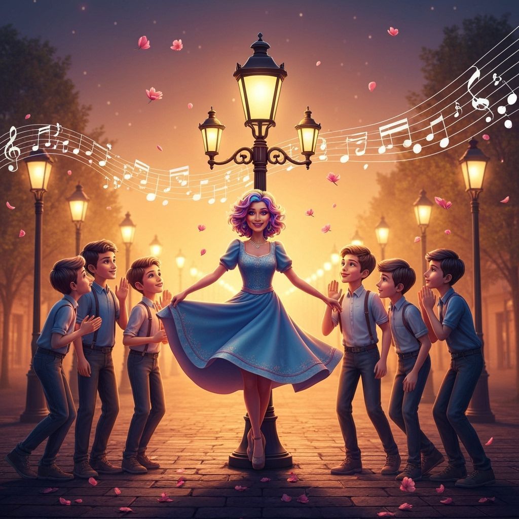 Elegantly Dressed Woman Dancing Under Street Lamp