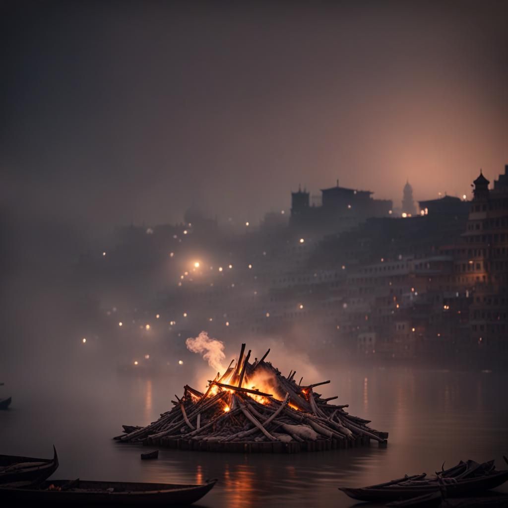 Night Cremation Pyre in Varanasi: Cinematic 8K