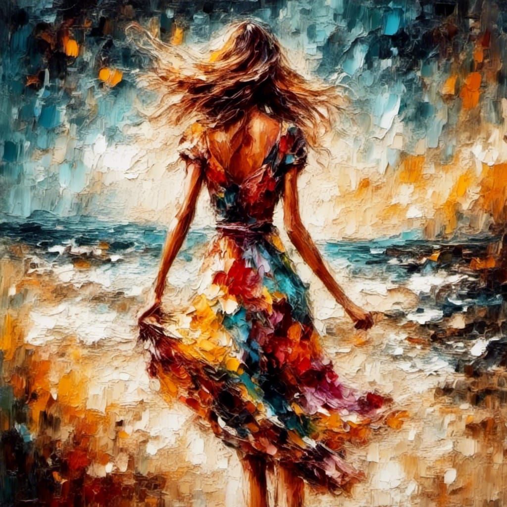 Impressionistic Woman Stroll on Beach at Sunset