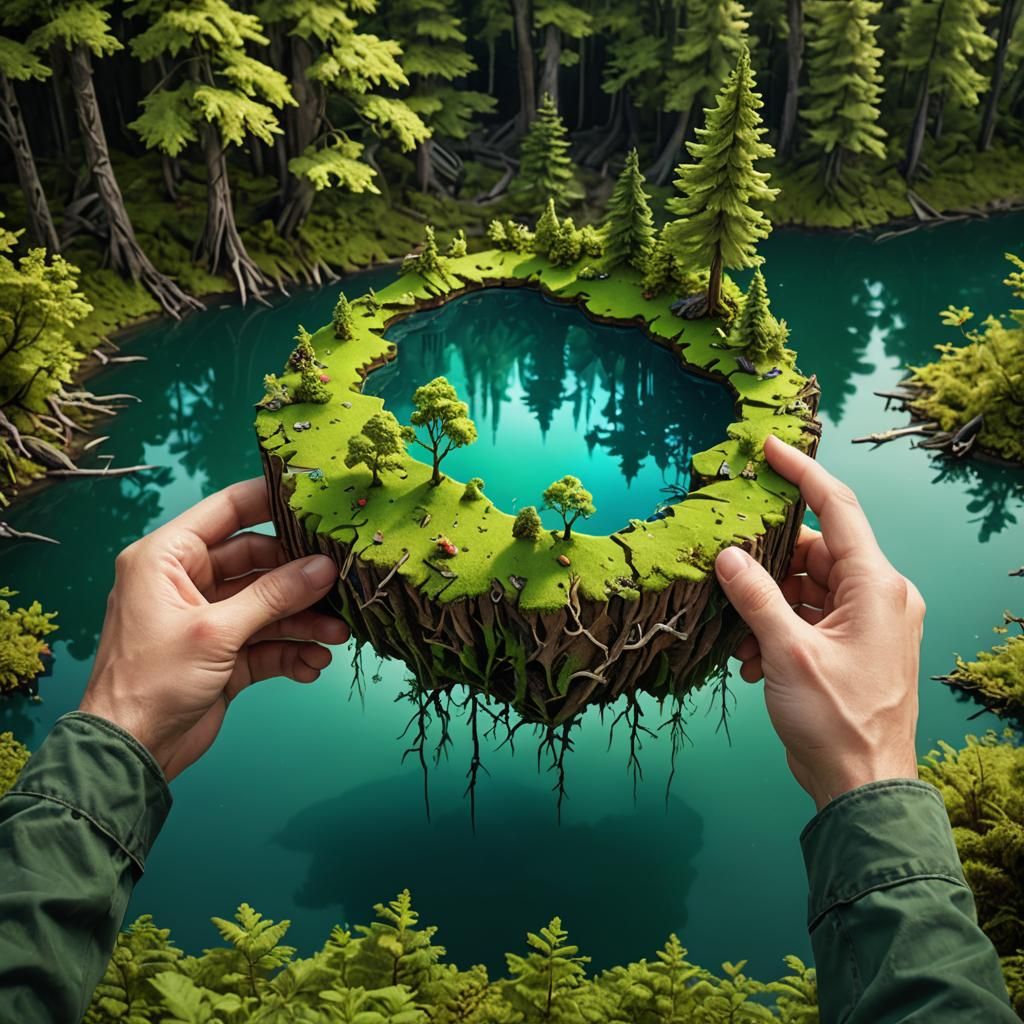 Miniature Forest Held by Earth Hand: Triadic Color Painting