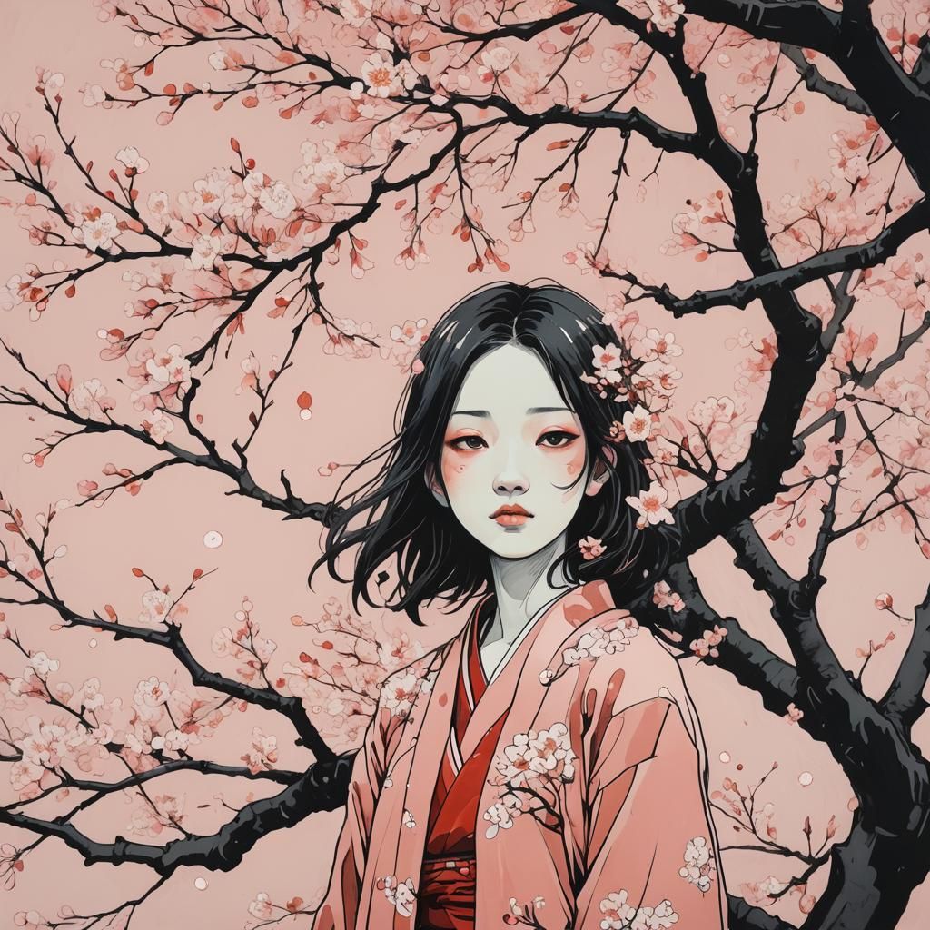 Girl Under Sakura Tree: Abstract Art in Bloom