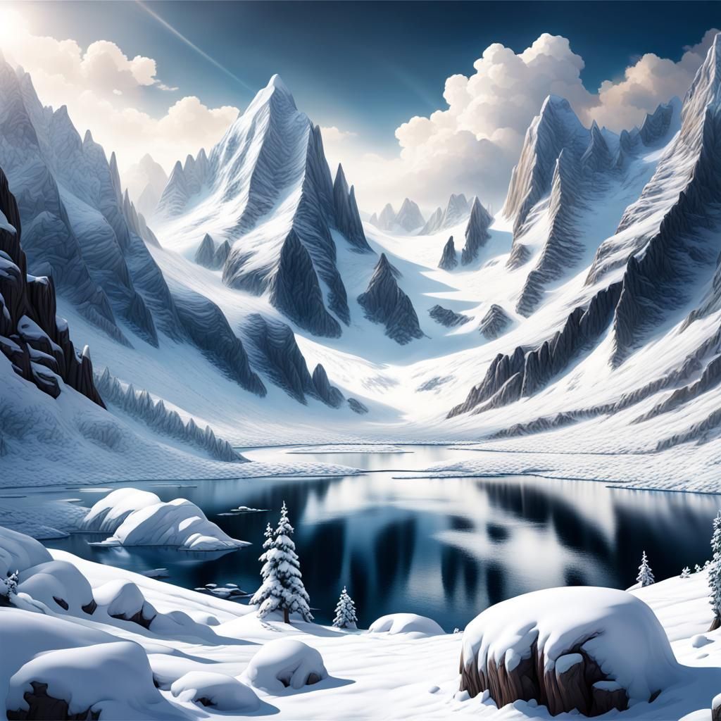 n AI art piece portraying a serene valley filled with soft, powdery snow, surrounded by towering ice peaks that seem to ...