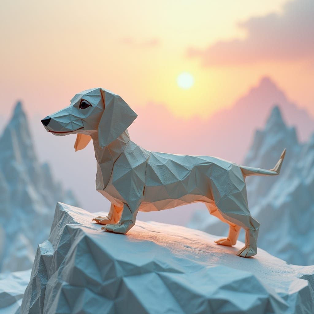 Origami Dachshund Soars Above Majestic Mountains