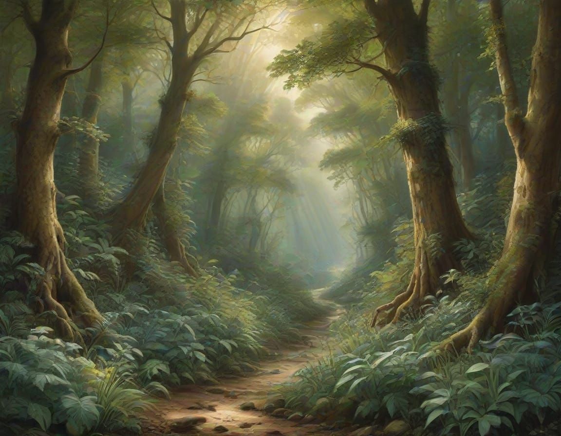 Surreal Forest Scene in Whimsical Watercolor Style