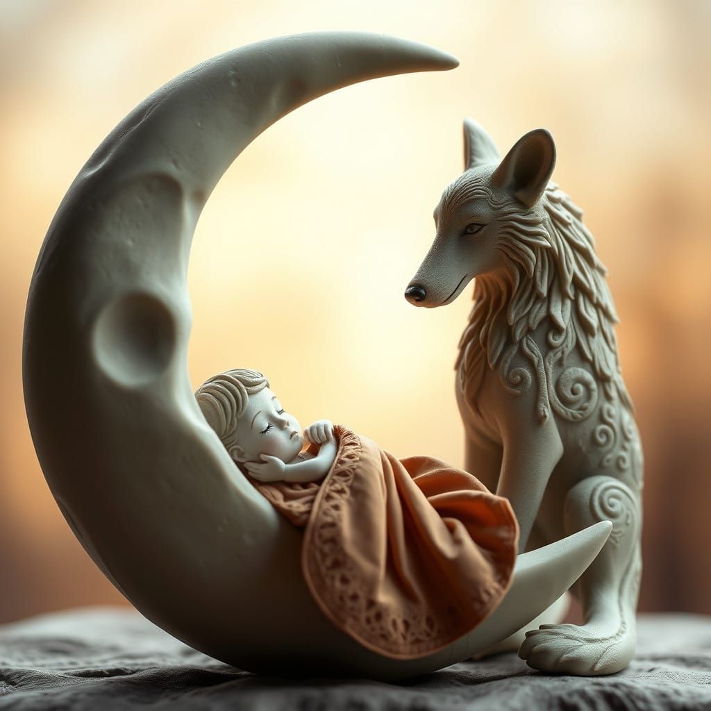 Whimsical Clay Dream Scene with Gentle Moon and Noble Wolf G...