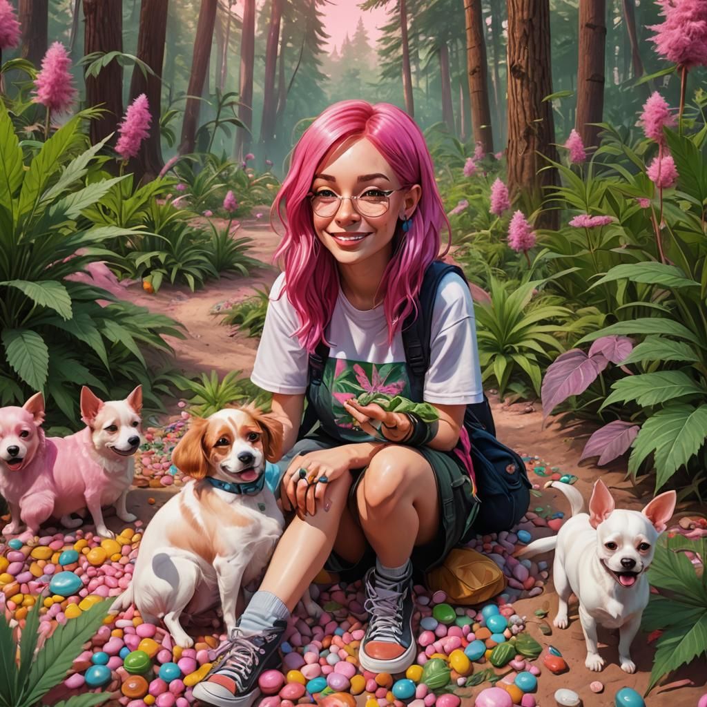 Candy Art: Stoner Girl and Dog in Forest