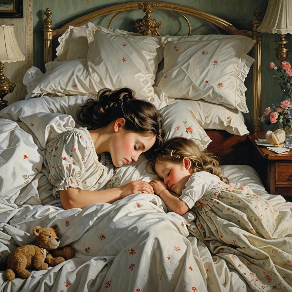 Children Asleep, Parents Praying in Impressionist Style