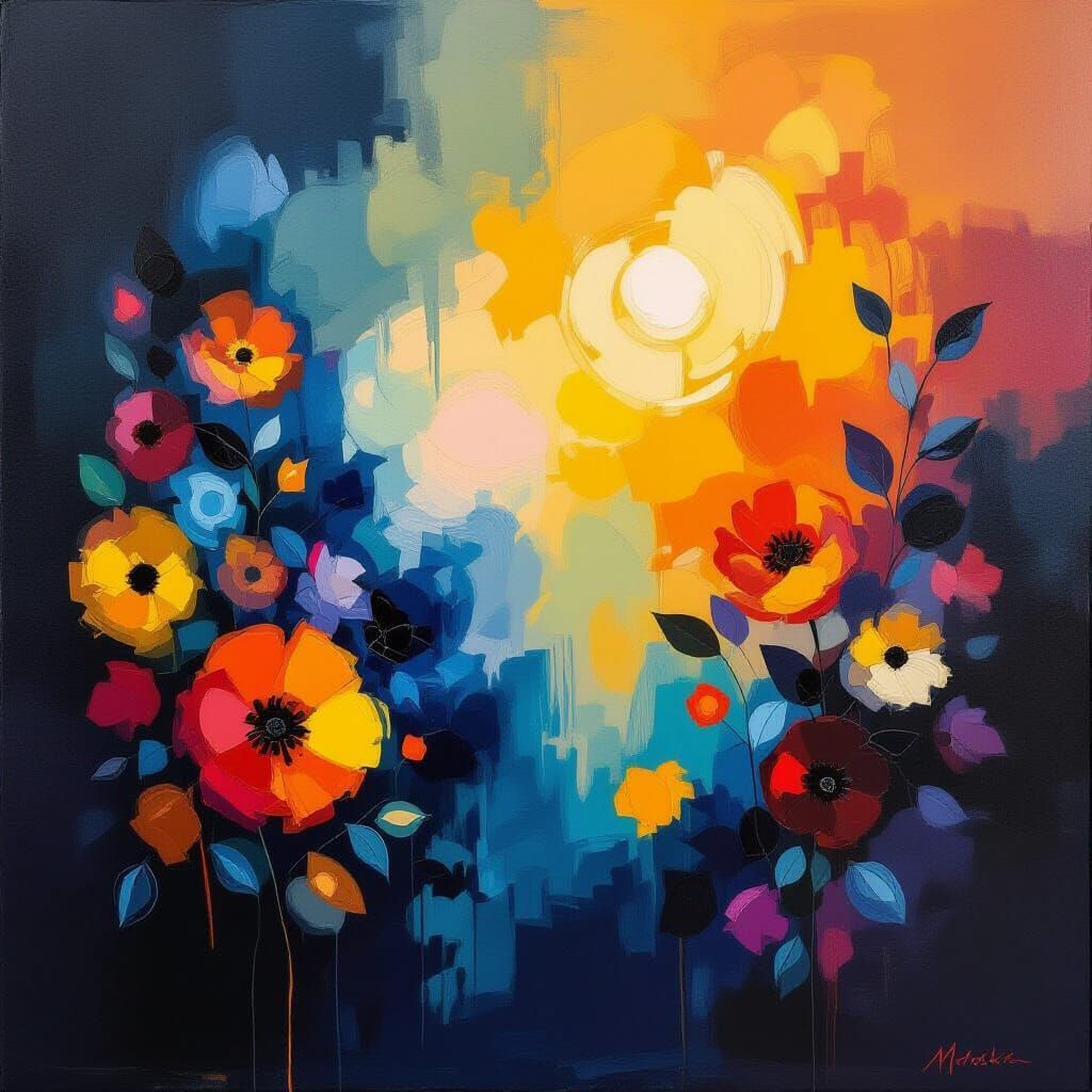 Abstract Floral Oil Painting with Moody Blues and Vibrant Or...