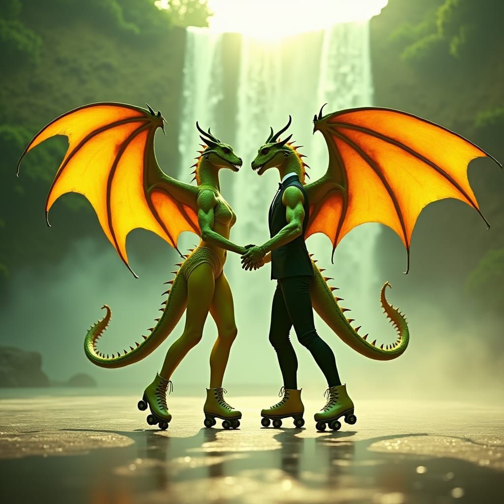 Human-Dragon Couples Swing Dance on Roller Skates