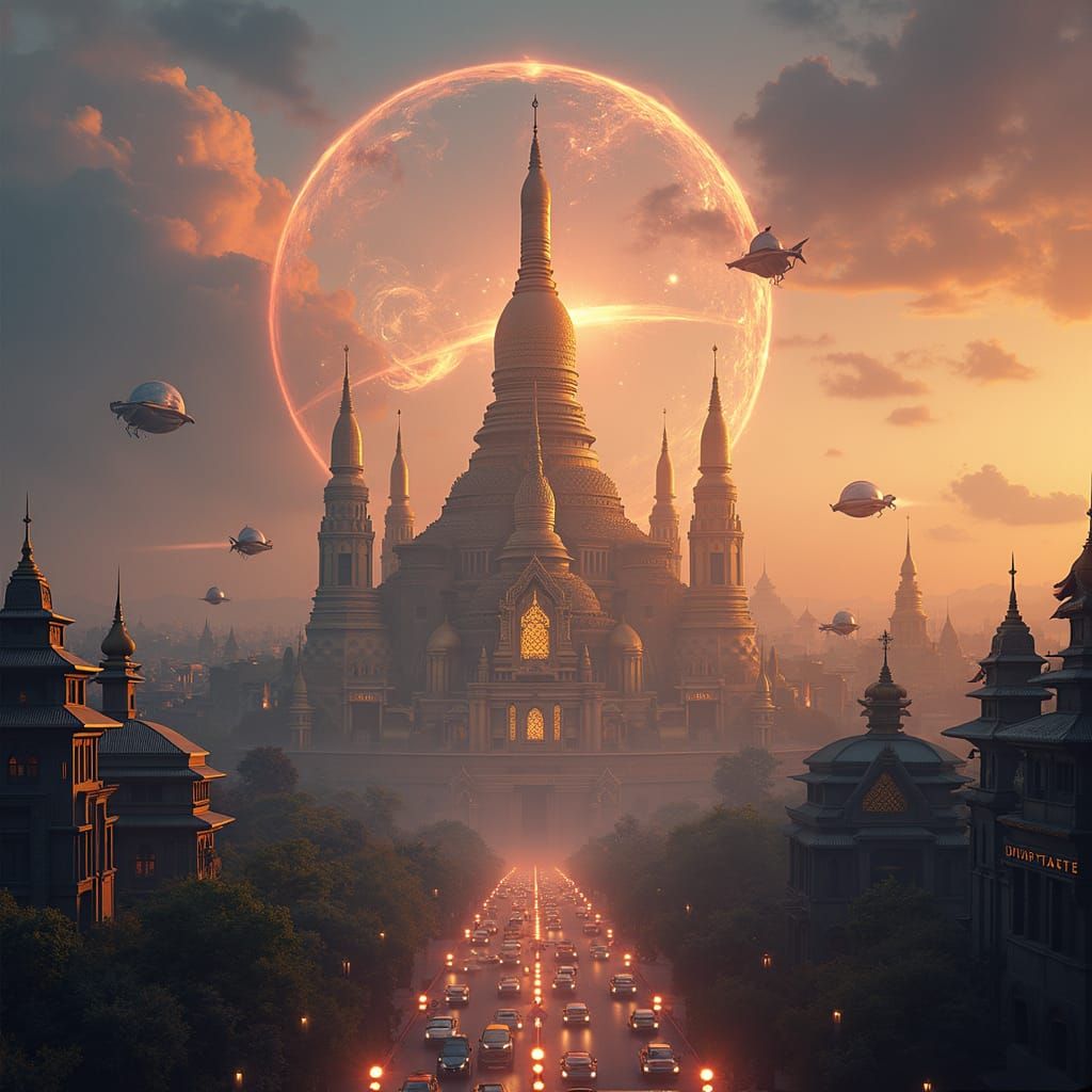 Futuristic Thailand Cityscape with Golden Spires