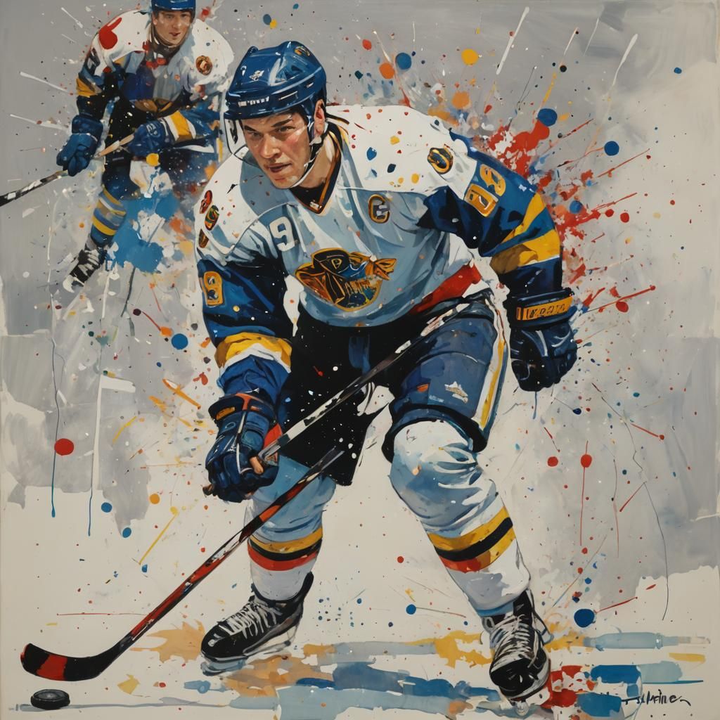 Impressionistic Hockey Player Painting with Paint Splatters
