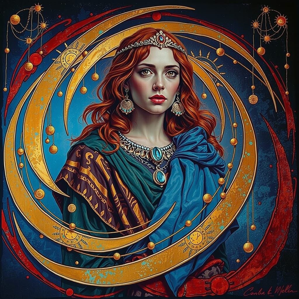 Serene Goddess at Light's Edge with Floating Orbs