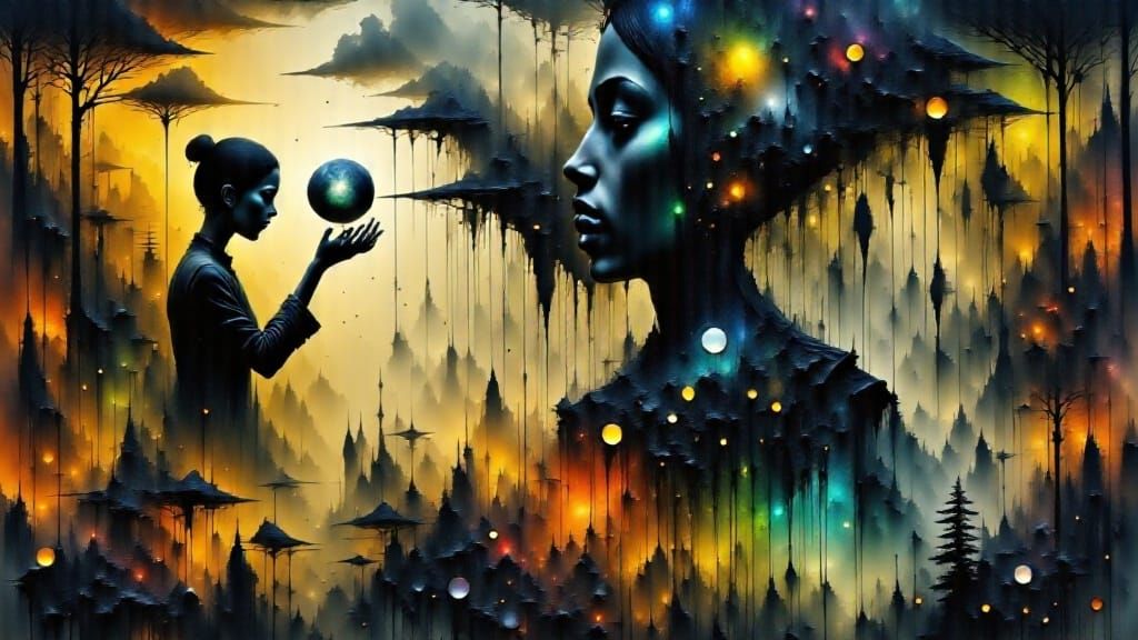 Surrealist Painting of Puppeteer Breaking Free from Globe