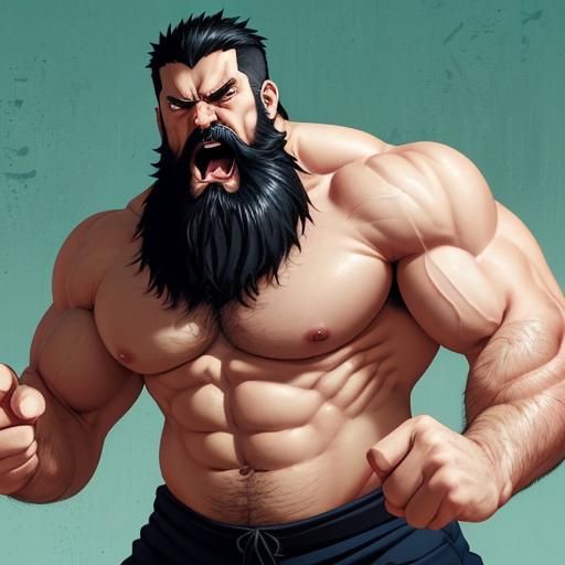 Furious Bearded Muscle Man in Anime Style