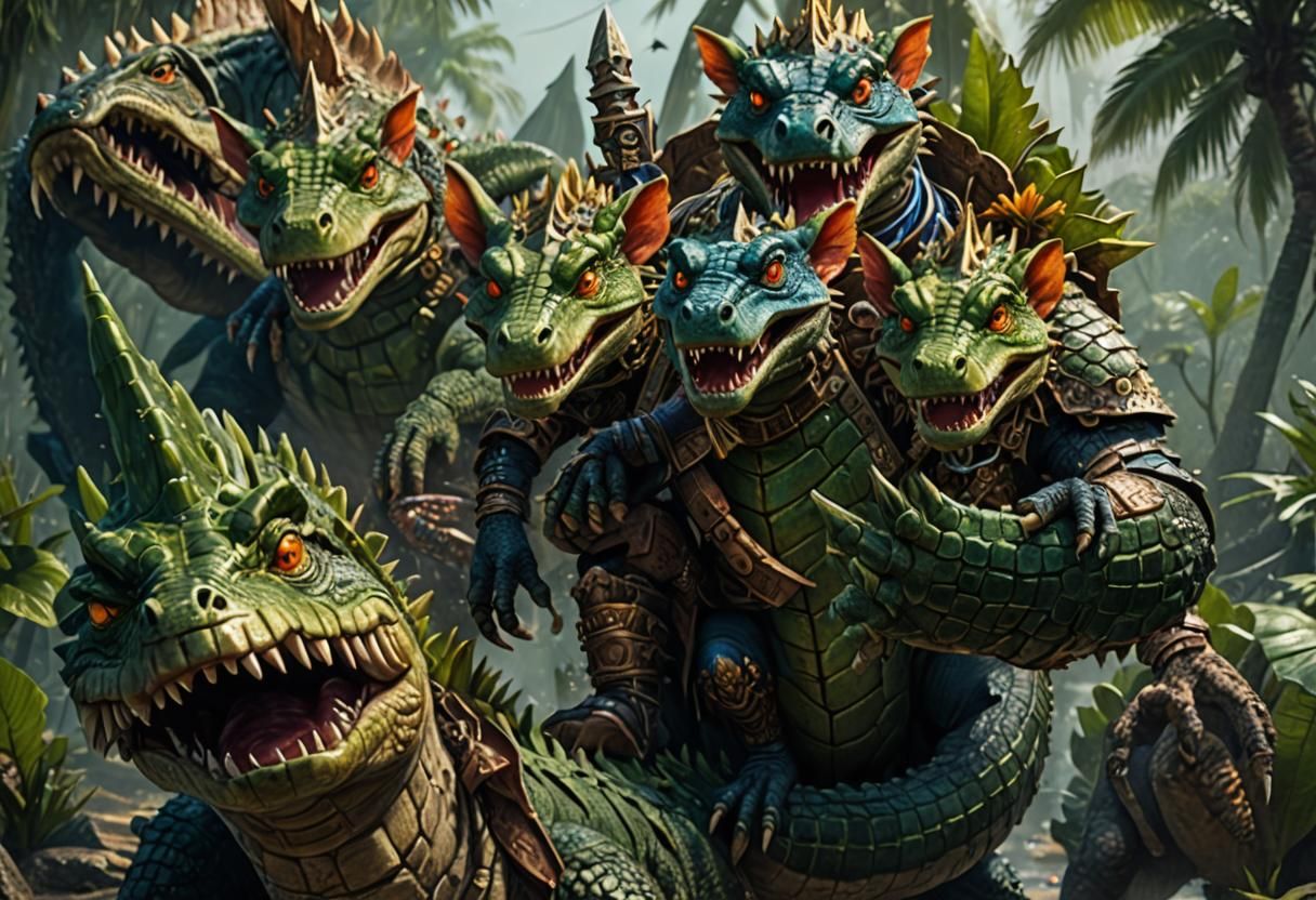 Fearsome Crocodile Warrior with Little Crocodiles