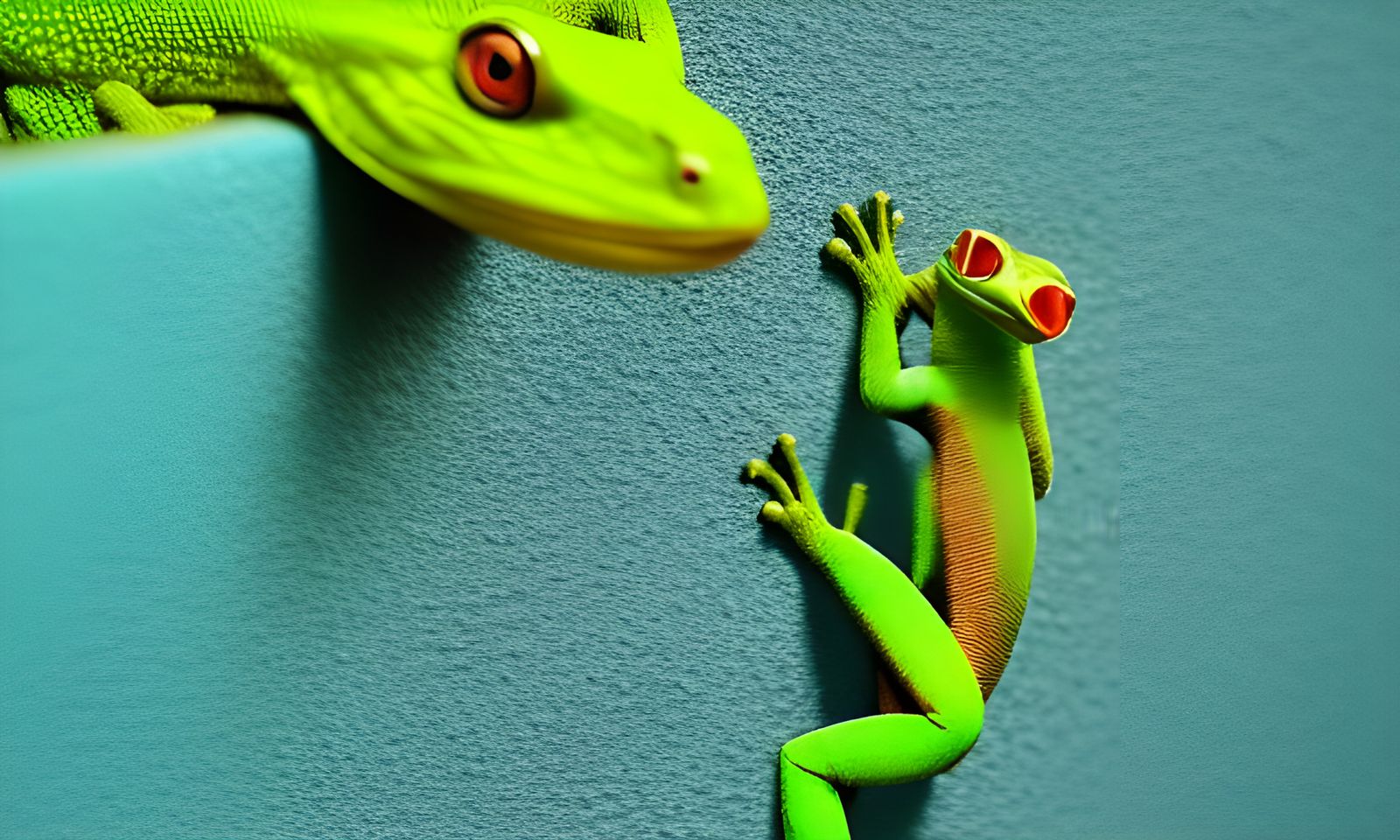Green Gecko on Blue Wall in Hyperrealism