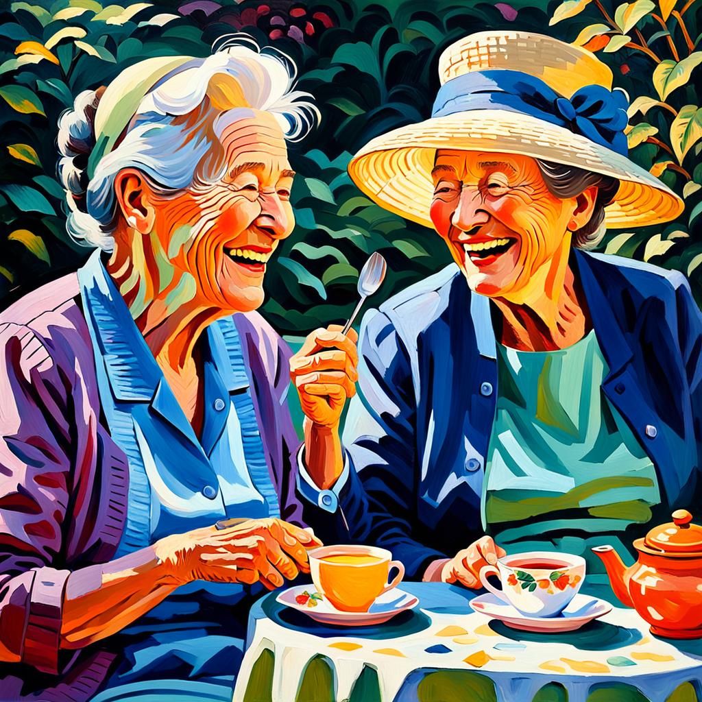 Elderly Ladies at Afternoon Tea: An Impasto Oil Painting