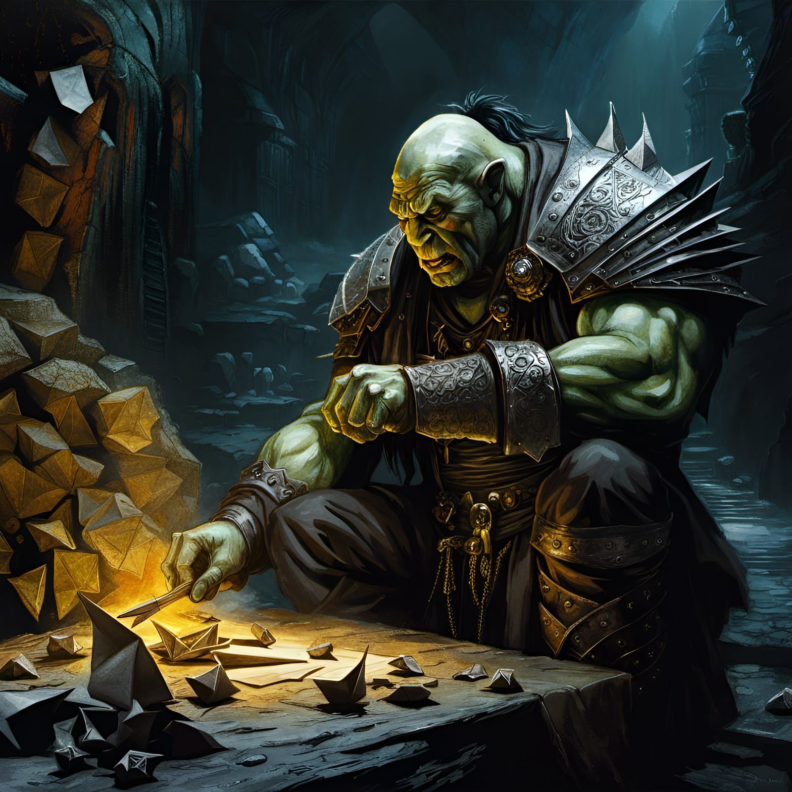 Orc Folds Origami in Dim Dungeon: Digital Art