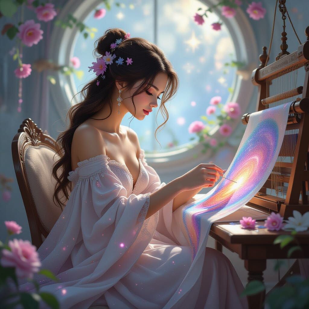 Celestial Seamstress Weaving Starlight Tapestries in Art Nou...